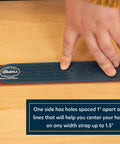 Person using Blue Belt End Acrylic Leather Templates Set Of 2 For Precise Strap Layout And Hole Punching 1 Inch Hole Spacing