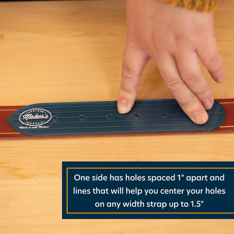 Person using Blue Belt End Acrylic Leather Templates Set Of 2 For Precise Strap Layout And Hole Punching 1 Inch Hole Spacing