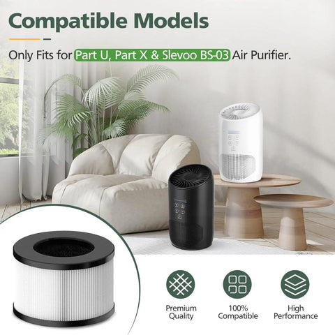 HEPA Replacement Filter For PARTU And Slevoo BS 03 Air Purifier With 3 In 1 Filtration System shown with compatible purifiers