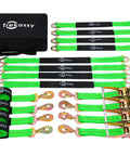 Heavy Duty Car Trailer Tie Down Straps With Snap Hooks And Ratchet Straps For Cars, Trucks, And UTVs, 10000 Lb Break Strength, Includes Eight Axle Straps And Storage Bag, Safe And Reliable Hauling Gear.