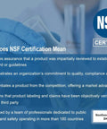 NSF certification benefits text with logo, highlighting impartial product review, commitment to quality, and competitive advantage