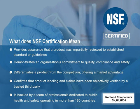 NSF certification benefits text with logo, highlighting impartial product review, commitment to quality, and competitive advantage