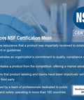 NSF certification information highlighting benefits of standards, safety, and market advantage in health and safety products.