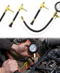 QWORK universal fuel pressure test kit with multiple brass adapters and dual-scale gauge (0-7 bar/0-100 psi) for engines