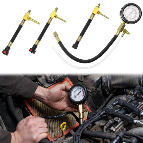 QWORK universal fuel pressure test kit with multiple brass adapters and dual-scale gauge (0-7 bar/0-100 psi) for engines
