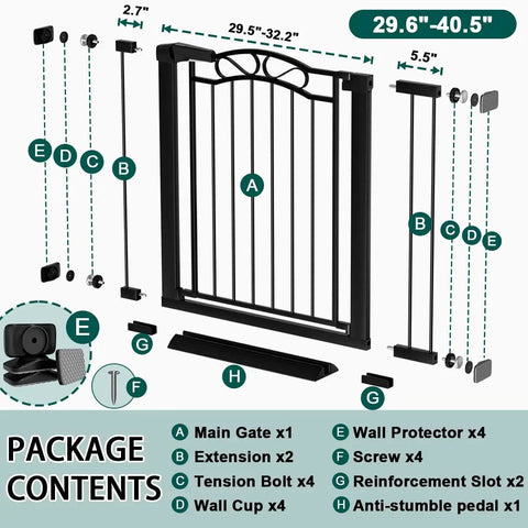Walk-Through Baby Gate With Door For Openings 29.53 To 32.28 Inches Wide Pressure Mounted No Drill Indoor Gate For Stairs And Doorways Auto-Close Child Safety Gate Black with parts layout
