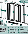 Package contents of Black Baby Gate With Door Walk Through Safety Gate For Stairs, including gate, extensions, and accessories.
