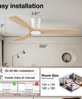 Slick Look 52 Inch Low Profile Ceiling Fan With Steady Breeze Motion And Soft Ambient Lights Quick Build Setup, showing dimensions and installation details.