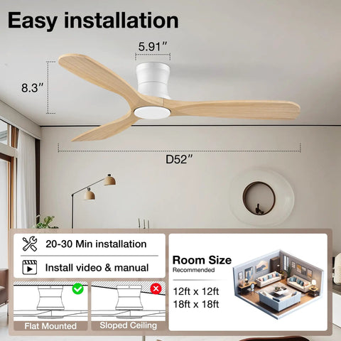 Slick Look 52 Inch Low Profile Ceiling Fan With Steady Breeze Motion And Soft Ambient Lights Quick Build Setup, showing dimensions and installation details.