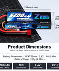 2S 5200mAh LiPo Battery 7.4V 50C High-Drain Pack With Beefy Hard Case Size and Dimensions Displayed