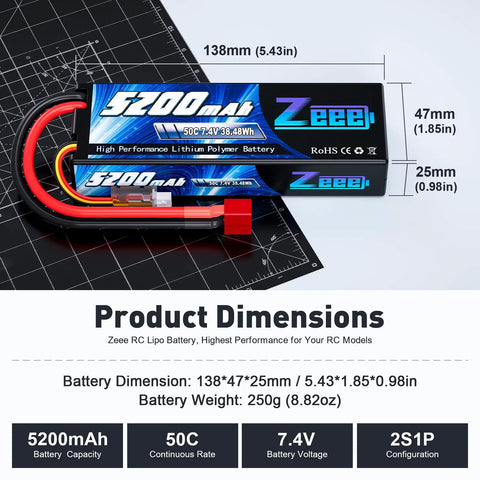 2S 5200mAh LiPo Battery 7.4V 50C High-Drain Pack With Beefy Hard Case Size and Dimensions Displayed