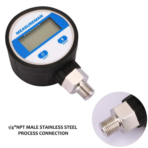 Digital Industrial Vacuum Gauge With Two And One Half Inch Dial One Quarter Inch NPT Lower Mount Stainless Steel Case And Connection 15 PSI One Percent Accuracy Battery Powered With LED Backlight