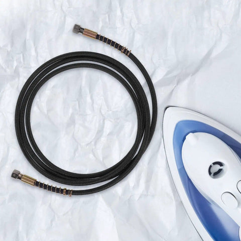 Heavy Duty High Temperature Steam Hose For Steam Irons And High Pressure Ironing, Durable Tubing shown coiled beside steam iron