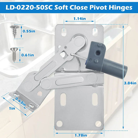 Image of Soft Close Pivot Hinges For Cabinets And Furniture, Self Closing Door Hinges With Dampers For Quiet Closures, Tip Out Tray Style, Great For Closets, Bookcases, And Sinks, Includes Screws, 2 Pairs, showing dimensions and included screws.