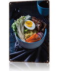 Funny Ramen Soup Vintage Metal Sign Tin Wall Art 8 by 12 Inch Poster depicting a bowl of ramen with eggs and vegetables.