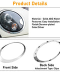 MINI Cooper Headlight Trim Ring Kit 2007-2013 R55 R56 R57 Dope Chrome Bezel Pair showing front and back side details
