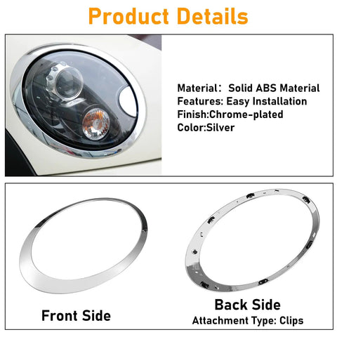 MINI Cooper Headlight Trim Ring Kit 2007-2013 R55 R56 R57 Dope Chrome Bezel Pair showing front and back side details