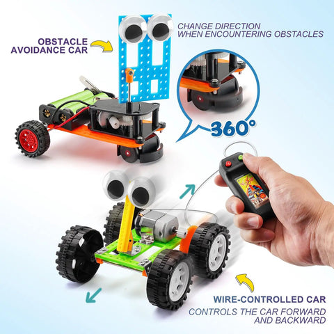 Five In One Hands On Robot STEM Kit Set For Kids Ages 8 To 12 Including Solar Powered Car Wind Powered Car Obstacle Avoidance Robot Tank And Wire Controlled Car For Awesome Real World STEM Fun, showing obstacle avoidance car and wire-controlled car with remote