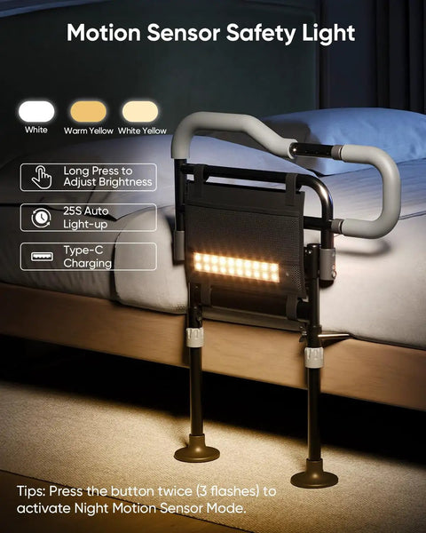 Foldable Bedside Rail For Seniors with motion sensor light, non slip handle, adjustable height, supports up to 350 lbs