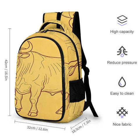 Vintage Bull Line Drawing Printed Unisex Backpack with large capacity, durable polyester, breathable straps, easy to clean.