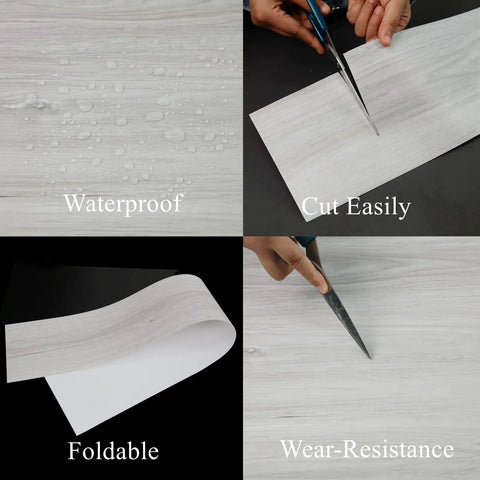 Peel And Stick Floor Tiles 30 Sq Ft Pack With Natural Wood Look Vinyl Plank Flooring shown as waterproof, easy to cut and foldable.