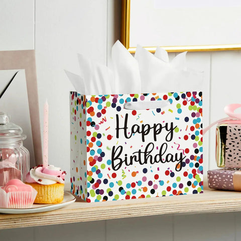 13 Inch Large Birthday Gift Bag With Tissue Paper And Card Happy Birthday Dots Streamers Gift Bag For Men Women Kids