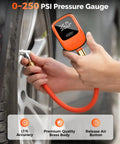 ETENWOLF T600 digital tire pressure gauge, front view with orange body and brass nozzle connected to tire valve