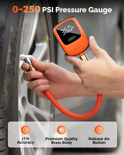ETENWOLF T600 digital tire pressure gauge, front view with orange body and brass nozzle connected to tire valve
