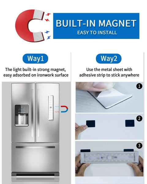 Wireless Under Cabinet Lights With 48 LED Motion Sensor And Remote Control Rechargeable Stick On Magnetic Night Lights For Kitchen Bedroom And Stairs Four Pack installation methods showing built-in magnet and adhesive strip options.
