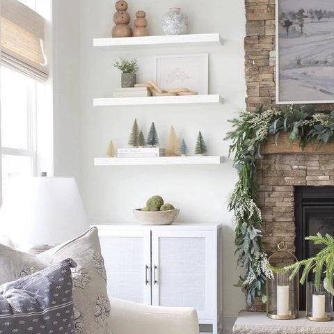 Floating Wall Shelves Set Of 2 23.6 x 9.3 Inches White MDF With Steel Brackets Up To 25 Lbs Capacity in living room decor