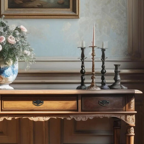 Sideboard with Six Piece Set Antique Style Metal Drawer Pull Handles For Cabinets And Wood Boxes Floral Rim Bronze Tone Finish