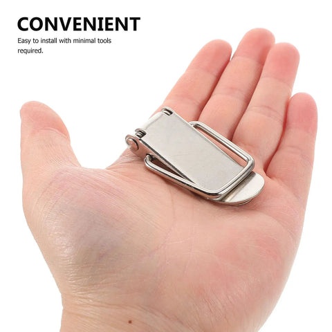Nickel Plated Spring Loaded Duckbill Toggle Latches Set for cabinets, toolboxes, on a hand showing size for home improvement
