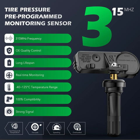 Ford Lincoln Mercury TPMS Sensor Replacement Set Of 4, 315MHz Tire Pressure Monitoring System Sensors, Plug And Play Drop-In OE Replacements For Easy Install, Pre-Programmed For Accurate Tire Pressure Readings, 315MHz sensor