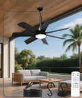 28 Inch Plug In Outdoor Ceiling Fan With Lights And Remote, black ceiling fan installed on patio with remote and hook accessories