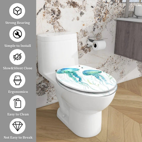 Cosmic Pattern Resin Elongated Toilet Seat for Bathroom on a white toilet, featuring a jellyfish design and easy-install features.