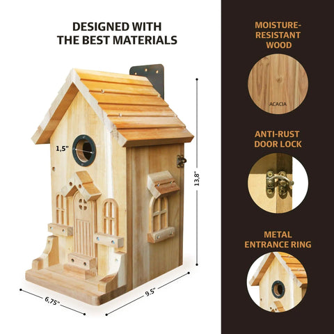 Premium Wooden Bird House Kit For DIY Bluebird Nesting Box With 1.5 Inch Entrance, Outdoor Birdhouse dimensions and materials shown
