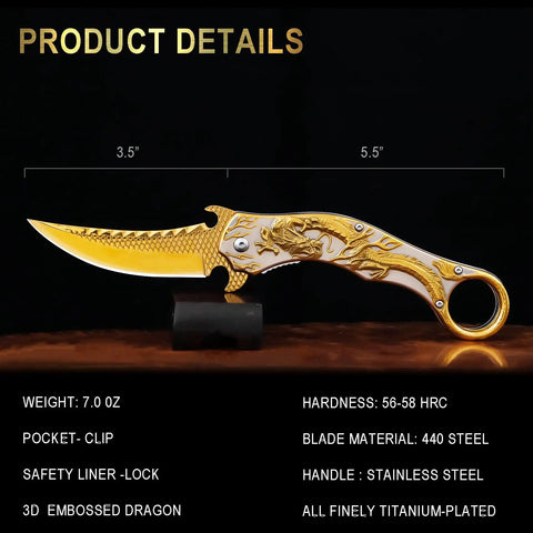 Folding Pocket Knife For Men With 3D Dragon Embossed Handle Beefy 440 Stainless Steel Blade Titanium Plated Finish Outdoor Survival Gear For Camping And Hiking Everyday Carry Blue, showing detailed dragon design on blade and handle.