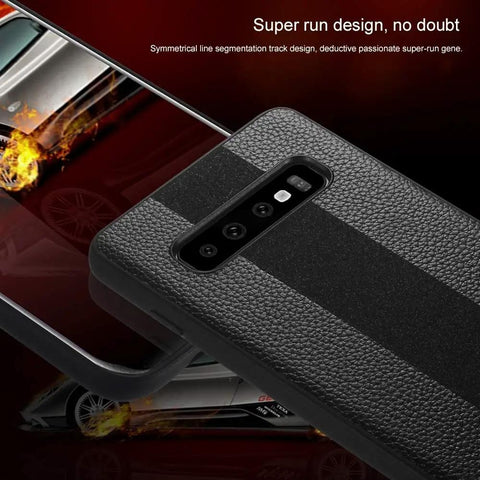 Textured black smartphone case next to speed car graphic, showcasing super run design and track-style aesthetic.