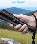 Rechargeable UV Flashlight 3 In 1 Black Light LED Tactical Flashlight in hand outdoors, showing digital display and wrist strap