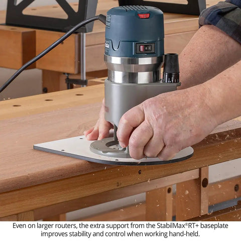 USA Made Portable Benchtop Router Table With Straight Up Precision Fence, router in use with stable baseplate on wooden surface.