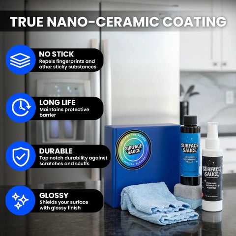 Nano Ceramic Multi Surface Sealer That Restores And Protects Stainless Steel, Wood, Painted Metal And Plastics displayed on kitchen counter