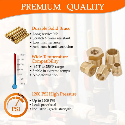 Brass NPT Hex Bushing Reducer 3/8 Inch Male to 1/4 Inch Female Pipe Fittings Set, 1200 PSI Rating, features infographic