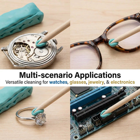 Watch Cleaning Putty With 5 Assist Sticks, Cleansing Clay That Digs Dirt And Grease From Wristwatches And Watch Components Like Plates, Bridges, Dials, And Hands, Ideal Watch Repair Tool For Crafts And Jewelry, used on various items.