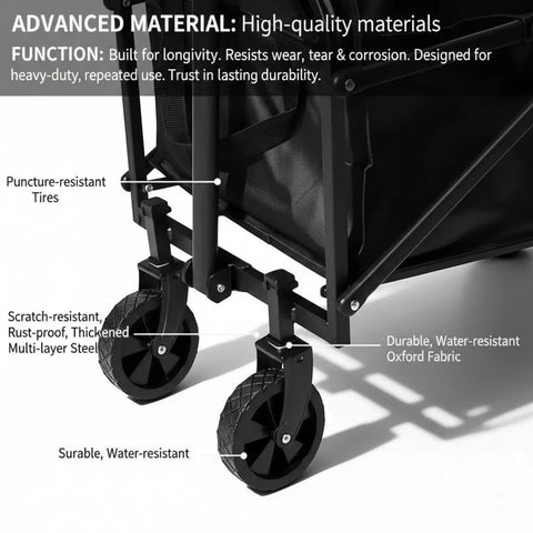 Close-up of 80L Foldable Wagon Cart with all-terrain wheels, showing puncture-resistant tires and durable Oxford fabric.