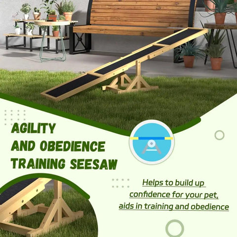 71 Inch Dog Agility Seesaw Outdoor Training And Exercise Wooden Platform shown in backyard setting.