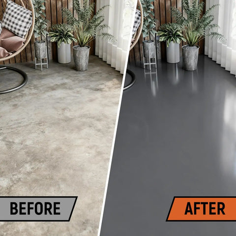 Before and after of floor using Rugged Concrete Garage Floor Paint, Acrylic Resin Coating, 1 Gallon Medium Gray, Ultra Durable Finish.