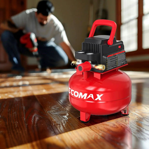 Portable Pancake Air Compressor With A Roomy Three Gallon Oil Free Tank And Heavy Duty 110 Psi Rating Shows Up Fully Loaded With An 11 Piece Accessory Kit For Quick Workshop Setups And Weekend Power Tool Hookups on wooden floor.