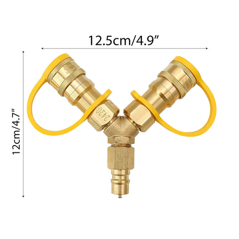 Gas Y Splitter For Propane Hoses With Brass 2 Way Tee Quick Connect Adapters And Shut Off Valve Conversion Kit dimensions