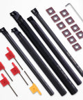 Indexable Lathe Internal Boring Bar Kit With Five Tool Holders And Ten CCMT21 51 Carbide Inserts For S06K S07K S08K S10K S12M SCLCR06 Pro Grade Heavy Duty 40Cr Steel Handle Tools Set, shown with tool holders, inserts, and keys.