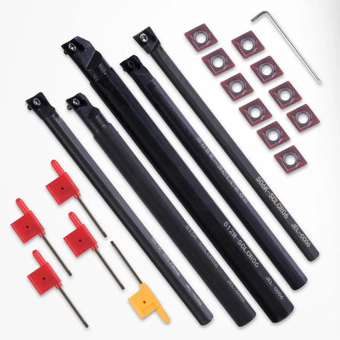 Indexable Lathe Internal Boring Bar Kit With Five Tool Holders And Ten CCMT21 51 Carbide Inserts For S06K S07K S08K S10K S12M SCLCR06 Pro Grade Heavy Duty 40Cr Steel Handle Tools Set, shown with tool holders, inserts, and keys.